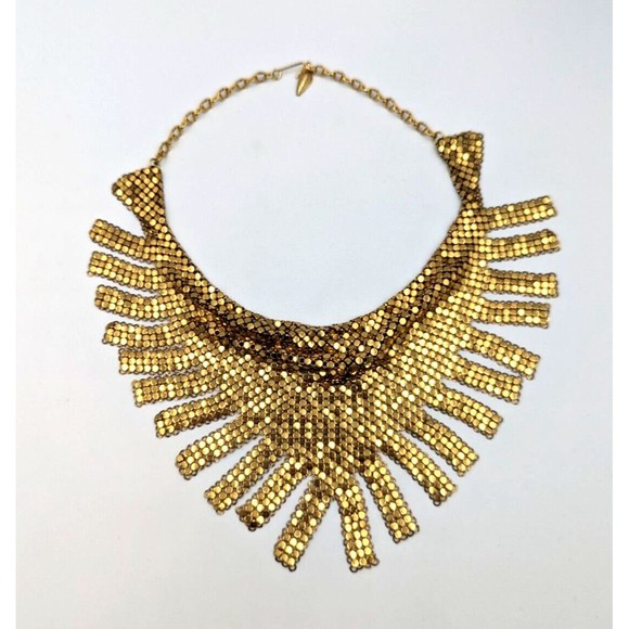 Whiting & Davis Gold Tone Chainmail Metal Fringed Vintage Bib Necklace 1970s